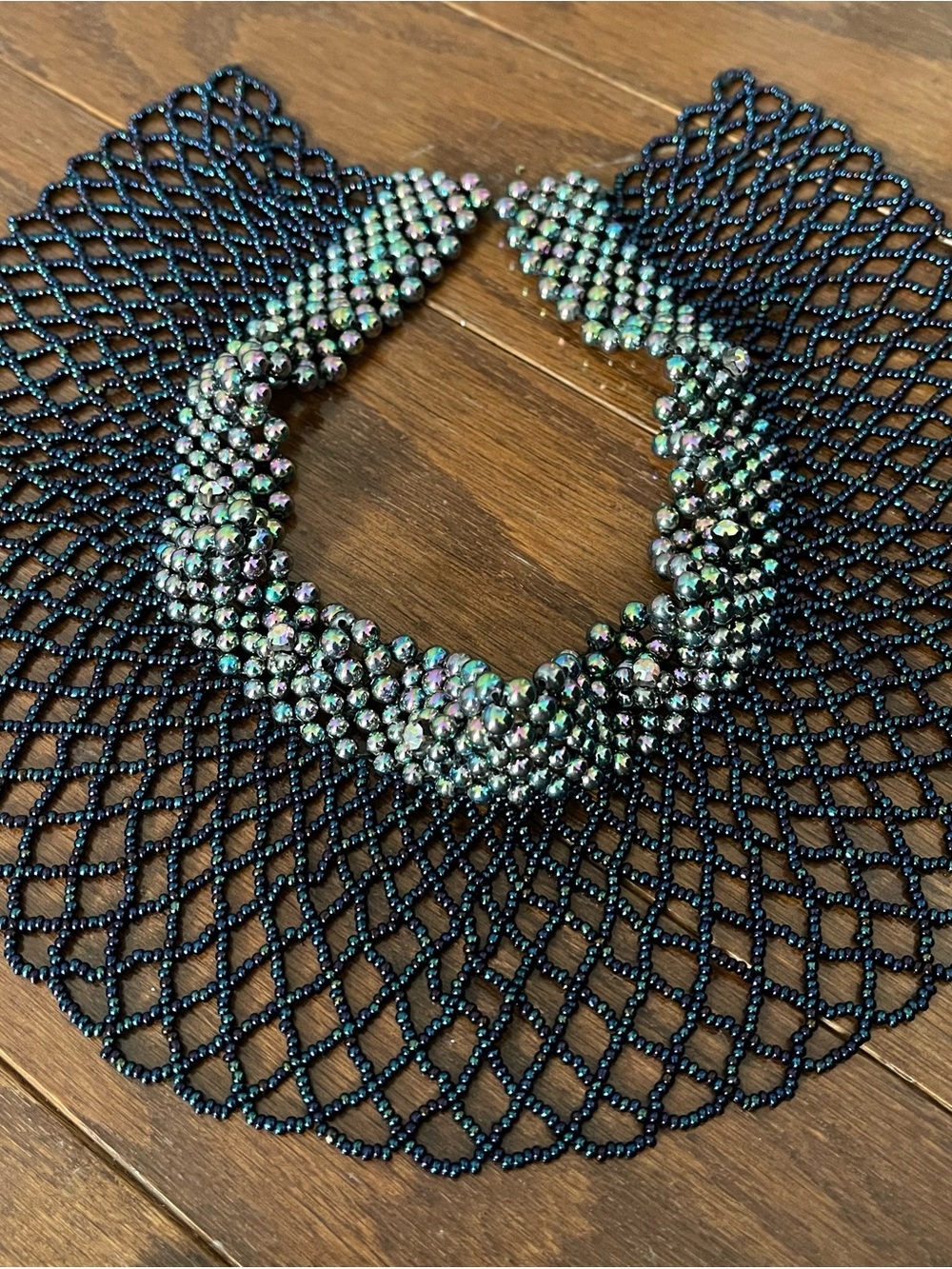 Black metallic netting collar necklace, iridescent hand- beaded statement bib